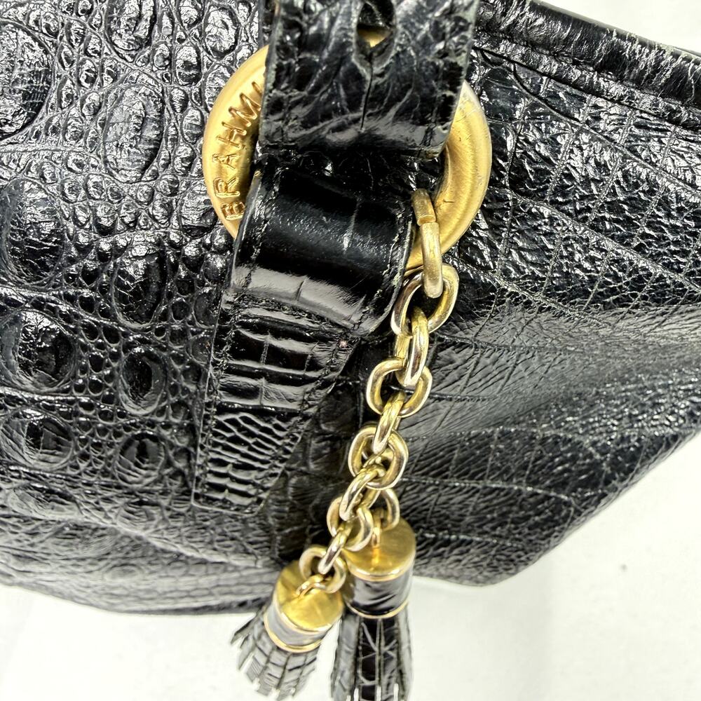 Brahmin Black Croc Embossed Leather Tote Bag Gold Tassel Shoulder Purse - Picture 6 of 16
